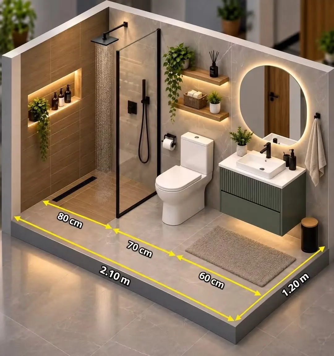 3D view of a bathroom with measurements