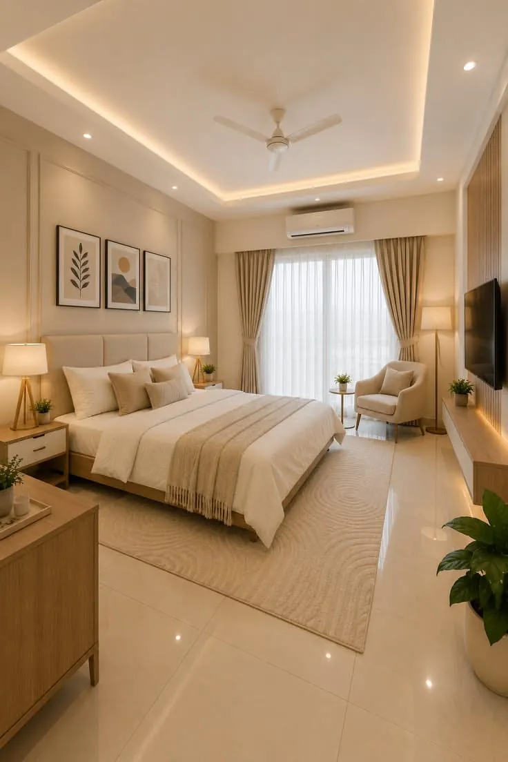 Sunlit bedroom in white and beige