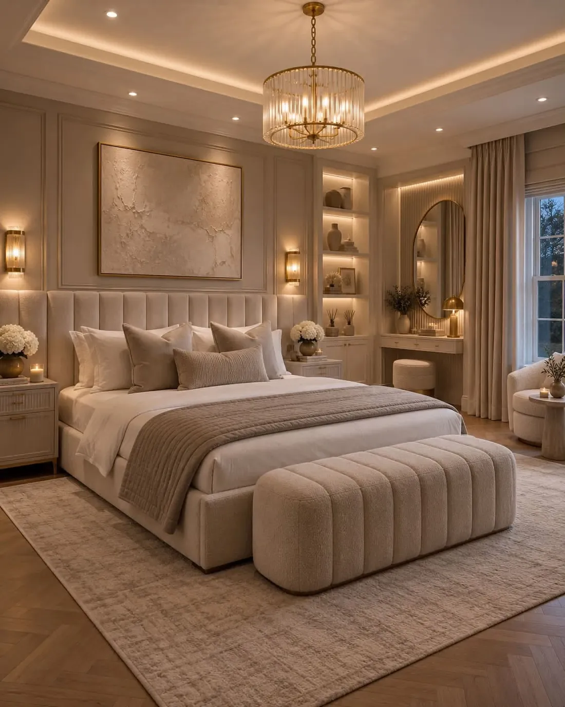 Beige master bedroom with chandelier