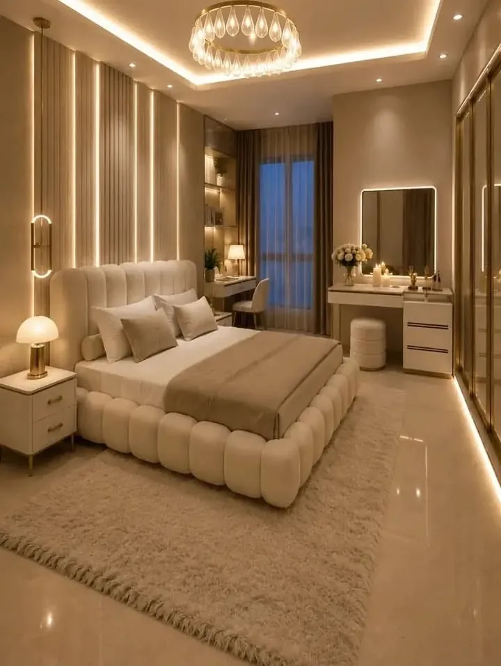 Bedroom with tufted bed and panelled wall