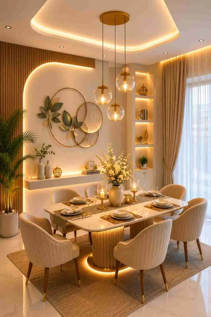 Round dining table under pendant lights