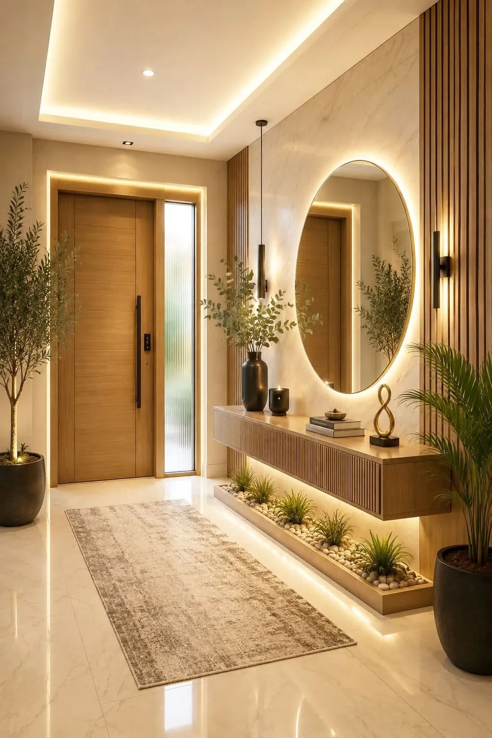 Foyer with round mirror and wooden door