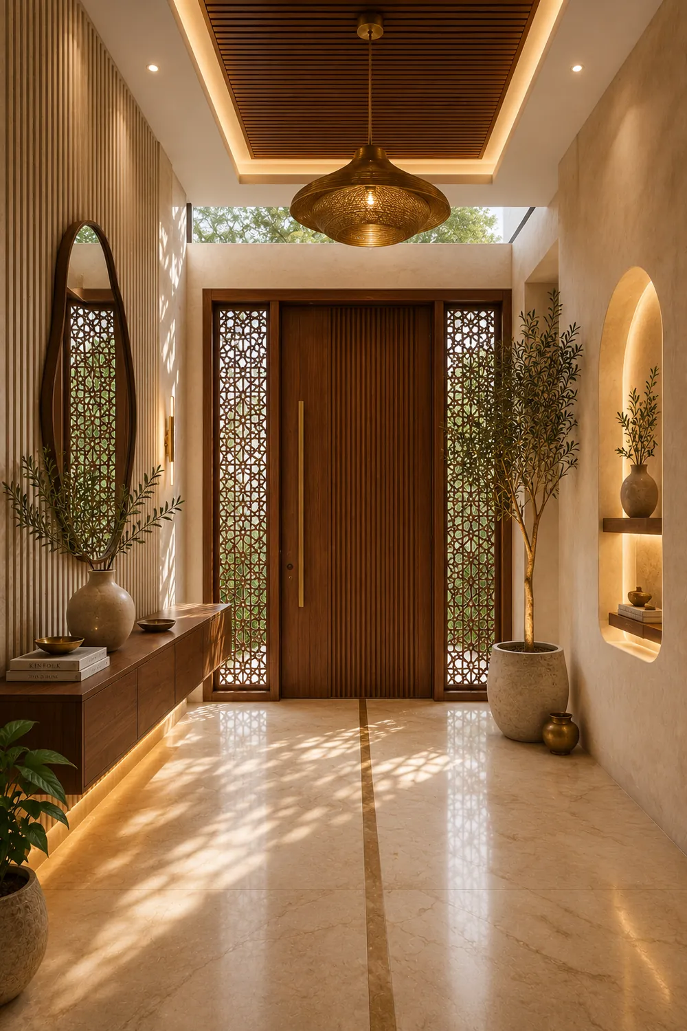 Finished foyer with wooden door and jaali panels