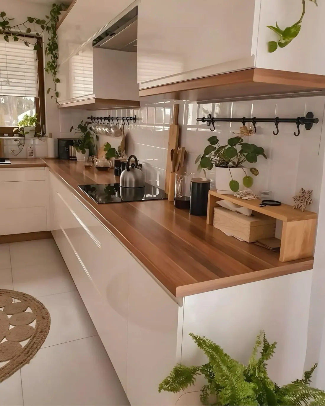 White kitchen with wooden counter