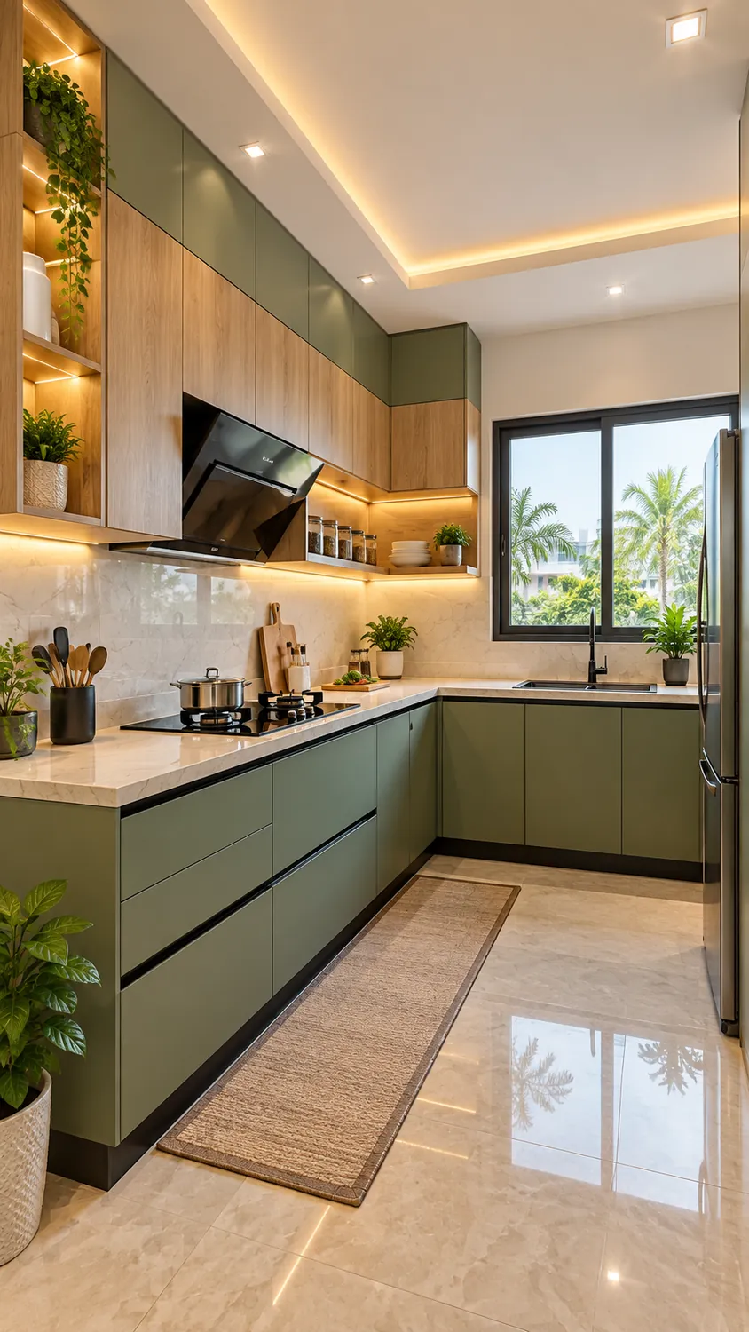 Sage and wood modular kitchen