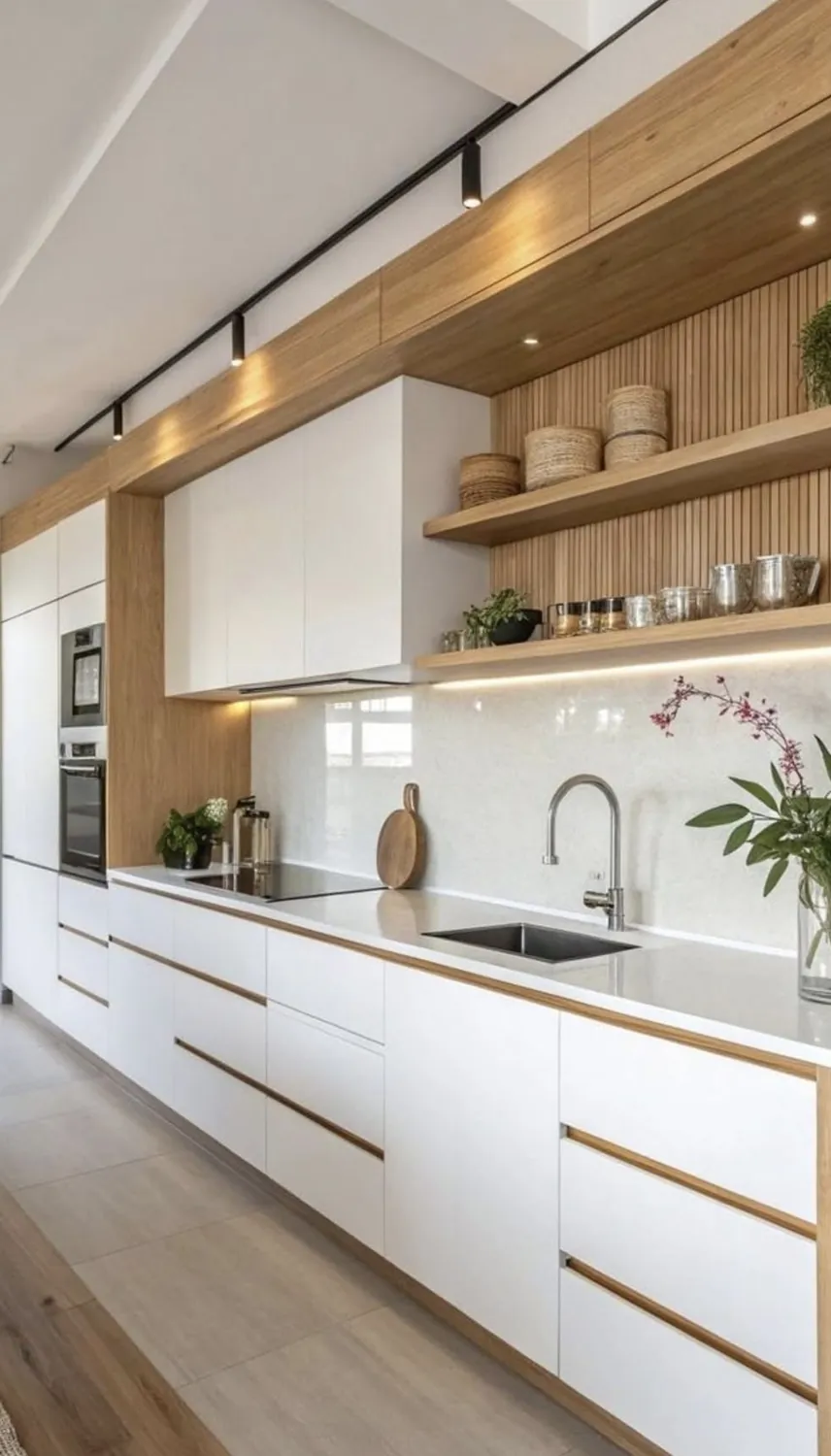 White and light wood modular kitchen