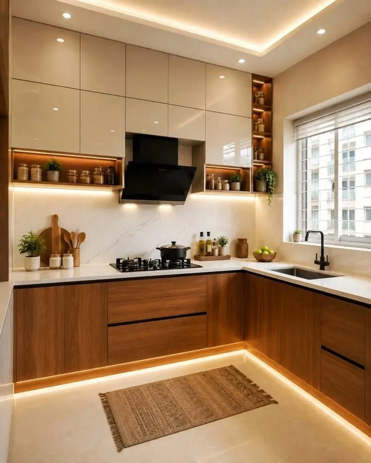 L-shaped kitchen in wood and cream