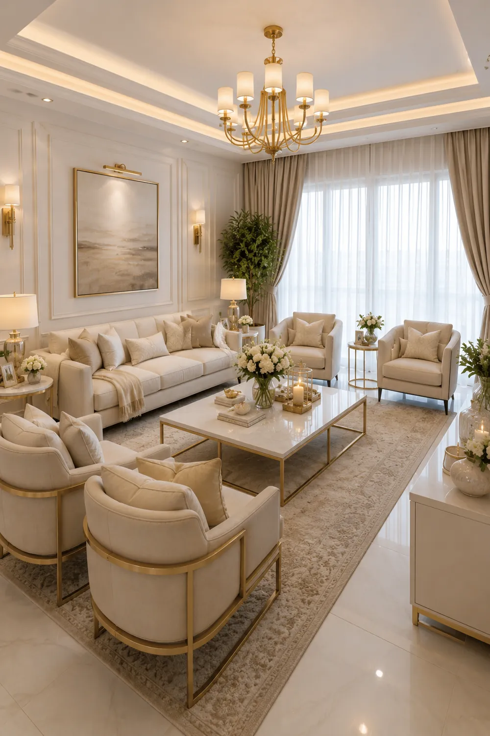 White and gold living room
