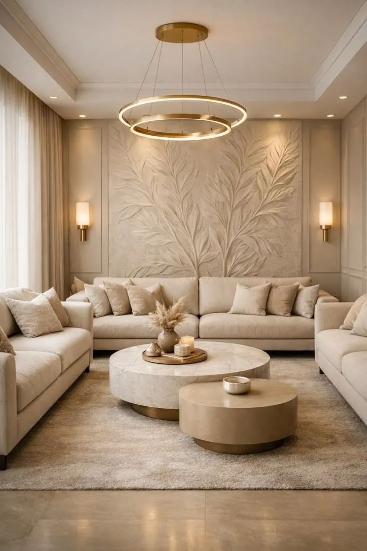 Living room with textured leaf wall