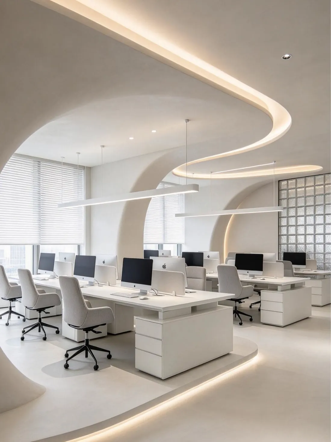 Bright open office with curved ceiling