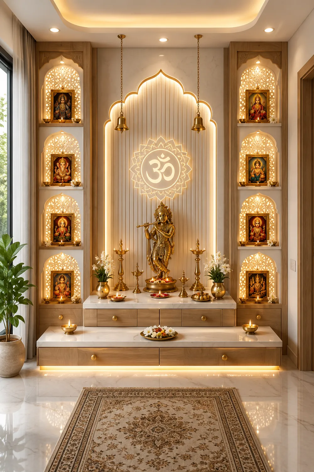 White pooja unit with lit niches