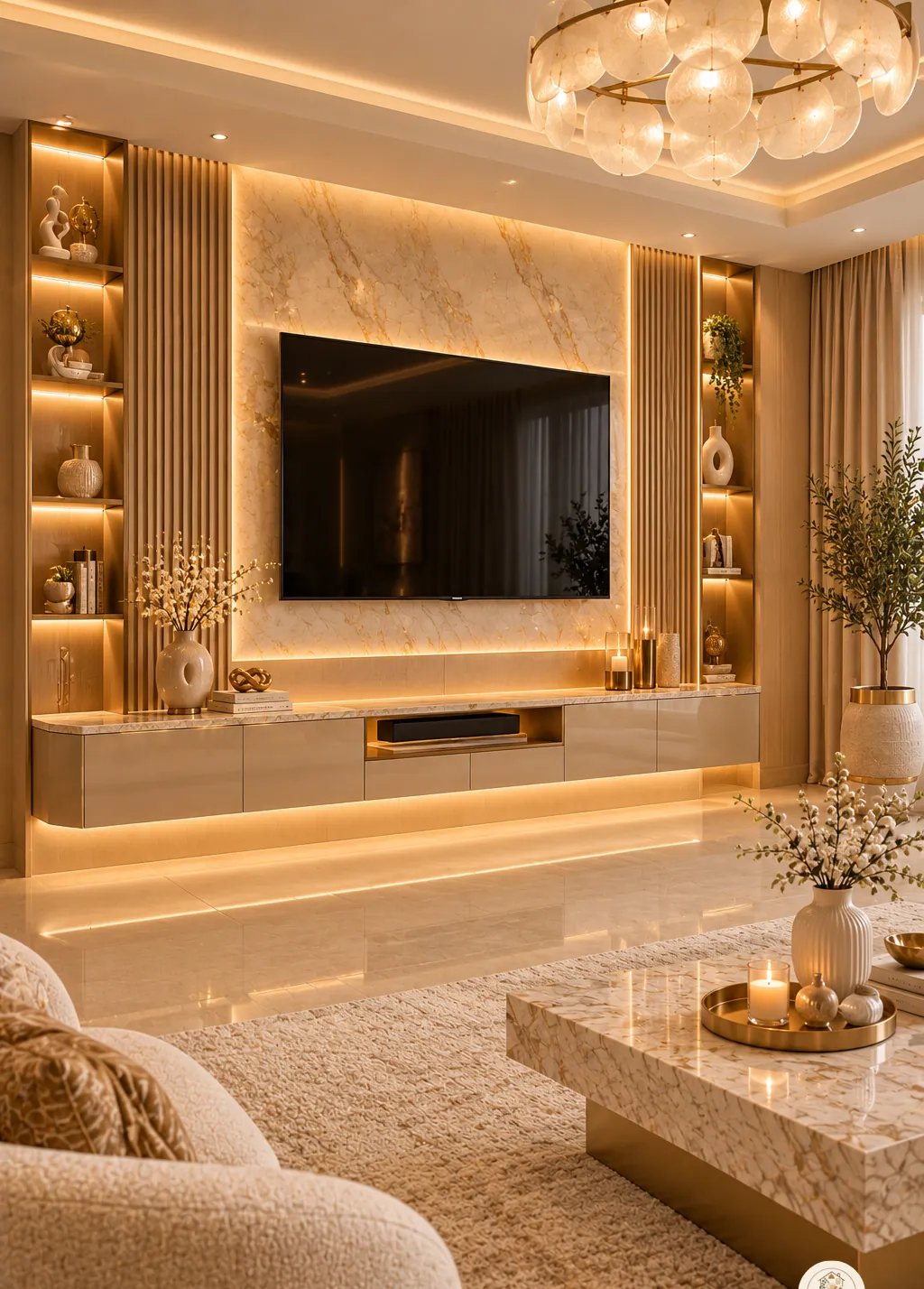 Living room TV wall with warm lighting